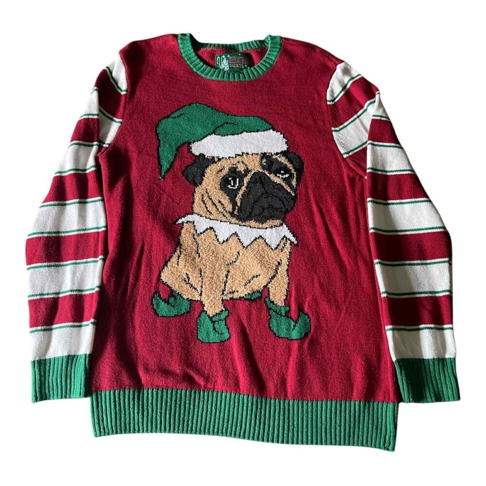 Ugly Christmas Sweater Pug Dog Mens Medium Red Green Holiday Pullover Funny Knit